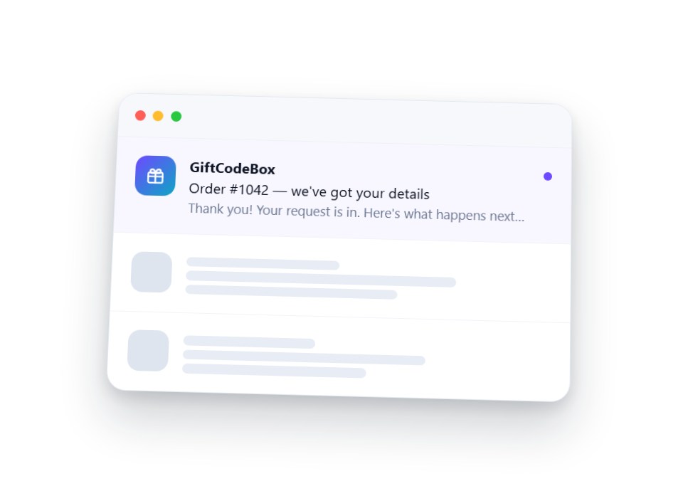 An inbox showing a new confirmation email from GiftCodeBox